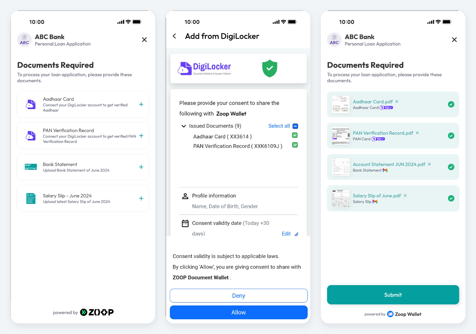 Three screens: a document checklist inside a lender's application, the DigiLocker consent screen listing the issued documents and a validity window, and the completed checklist with each file labelled by its source