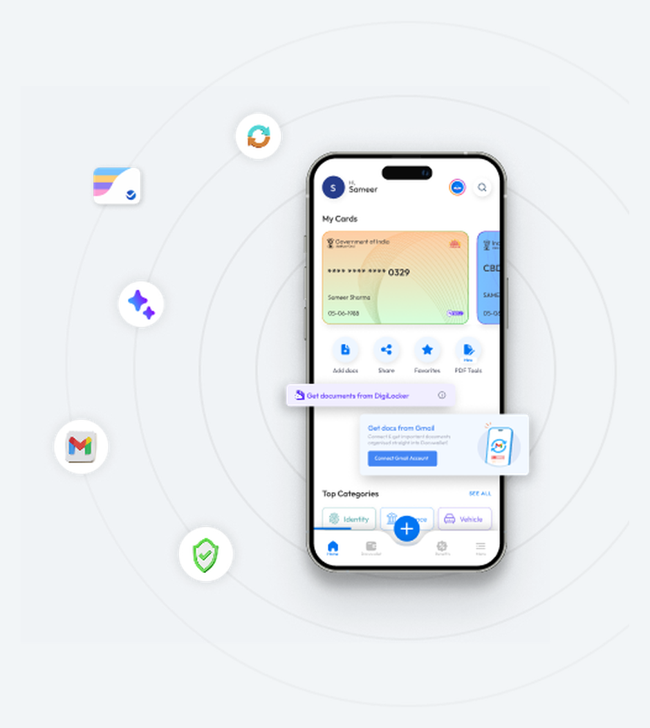 The Zoop Wallet home screen showing saved cards, quick actions for adding and sharing documents, an entry point to get documents from DigiLocker, a card offering to connect Gmail, and the top categories row